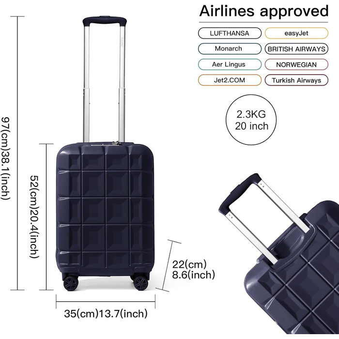 KONO Набір валіз 4 в 1: велика, середня, маленька та beauty case. Сучасний дизайн, ABS пластик, TSA замок, 4 колеса, темно-синій колір.