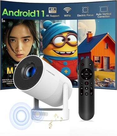 Міні проєктор Beamer 4K Android 11 Smart з автофокусом, WiFi 6, BT 5.0, Full HD 1080P, 260 ANSI, корекція трапецеїдальних спотворень, 5W динамік