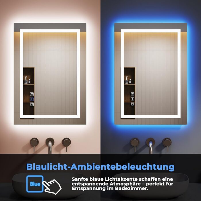 Дзеркало для ванної кімнати LOMIKEN з підсвічуванням, 60x50x3,5 см, LED, 6400K, 3 колірні температури, антивідблиск, вертикальна/горизонтальна установка