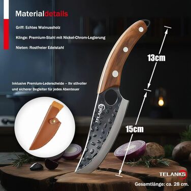 Японський кухонний ніж Rostfrei 15 см, з шкіряною піхвою, з нержавіючої сталі, з дерев'яною ручкою, для овочів та м'яса, чорний