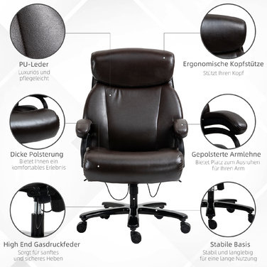 Крісло керівника Vinsetto Ergonomic з функцією гойдалки, шкіряне крісло коричневе, регулюється по висоті, вантажопідйомність до 180 кг