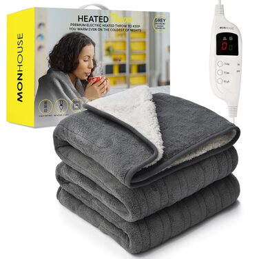 Електрична ковдра MONHOUSE з регулюванням температури, таймером та автовимкненням - 130x160 см, сірий овчинкою