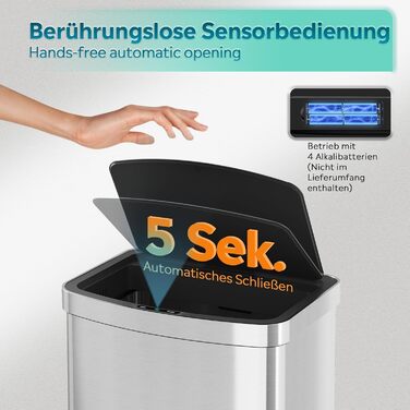 Електричний сміттєвий бак WLIVE 60L з сенсором, з нержавіючої сталі, автоматичний, з м'яким закриттям кришки, герметичний, гігієнічний для кухні та офісу