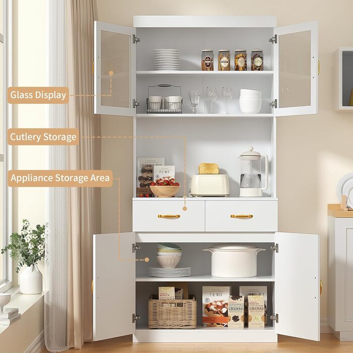 Кухонна шафа VOWNER з робочою поверхнею, буфет на 4 дверцята, шафа-вітрина, буфет з регульованими полицями, 80 x 40 x 180 см, для кухні, вітальні, офісу, їдальні (білий)