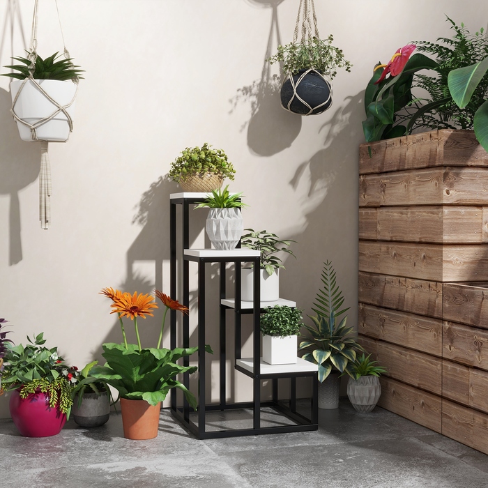 Outsunny Plant Stand Сталевий стелаж для квітів 4 яруси для саду балкон 34x34x70см білий
