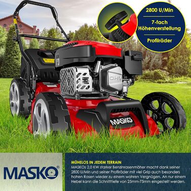 Бензиновий газонокосарка MASKO® 5in1 | Ширина косіння 51 см | 8 положень висоти стрижки | 4-тактний OHV двигун 6.0 PS | Об'єм кошика 65 л | В комплекті: комплект для мульчування, боковий викид (ширина 42 см)