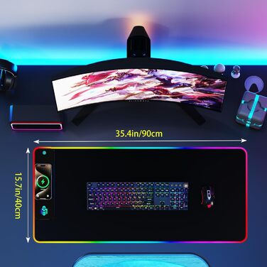 Ігрова килимок для миші RGB з бездротовою зарядкою Qi 15W, LED-підсвічування, 10 режимів, вологостійкий, протиковзкий, для геймінгу, офісу та дому (Чорний)