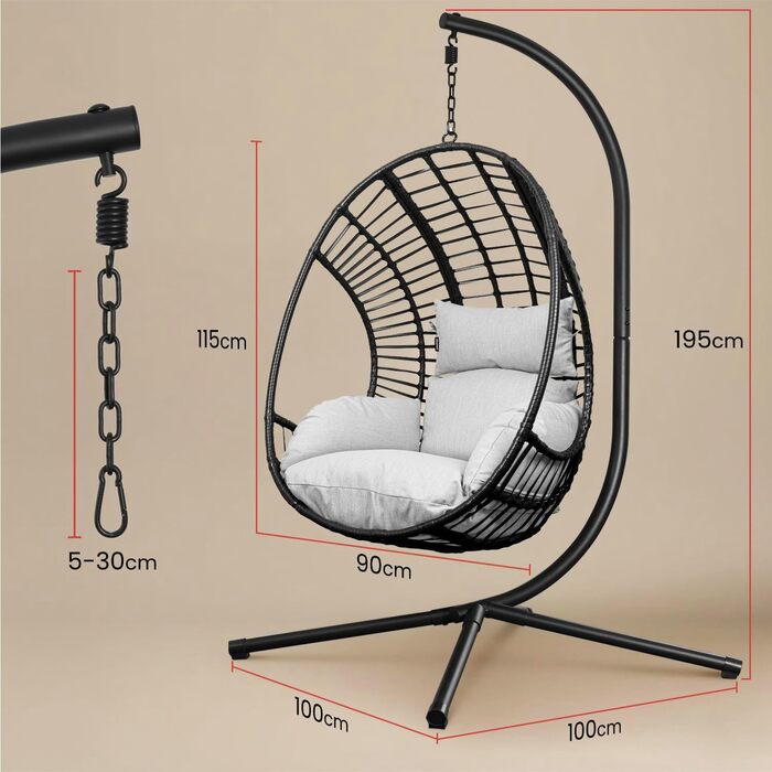 Крісло-гойдалка Swoods XXL з металевим каркасом – для дому та вулиці. Яйцеподібне крісло-гойдалка з подушкою, до 150 кг (темно-сірий, світло-сірий)