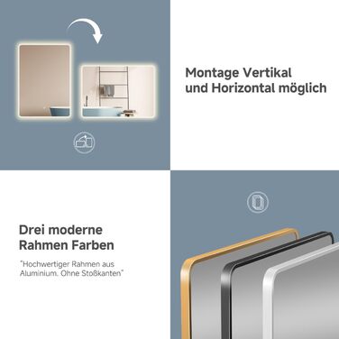 Дзеркало для ванної кімнати HOKO LED Texas 60x80 см з підсвічуванням, підігрівом проти запотівання та чорним металевим каркасом. Можливість встановлення вертикально або горизонтально. Сенсорне управління, регулювання кольору світла 2700-6500K (тепле, холо