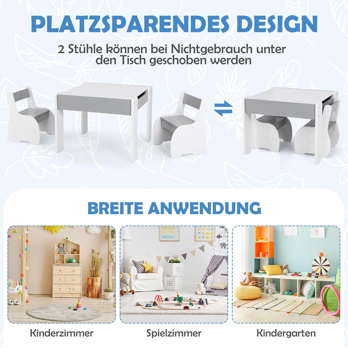 Дерев'яний дитячий стіл з 2 стільцями DREAMADE, 3-х частинний набір меблів для дітей, стіл з двосторонньою поверхнею та місцем для зберігання, набір меблів для хлопчиків та дівчаток (білий, світло-сірий)