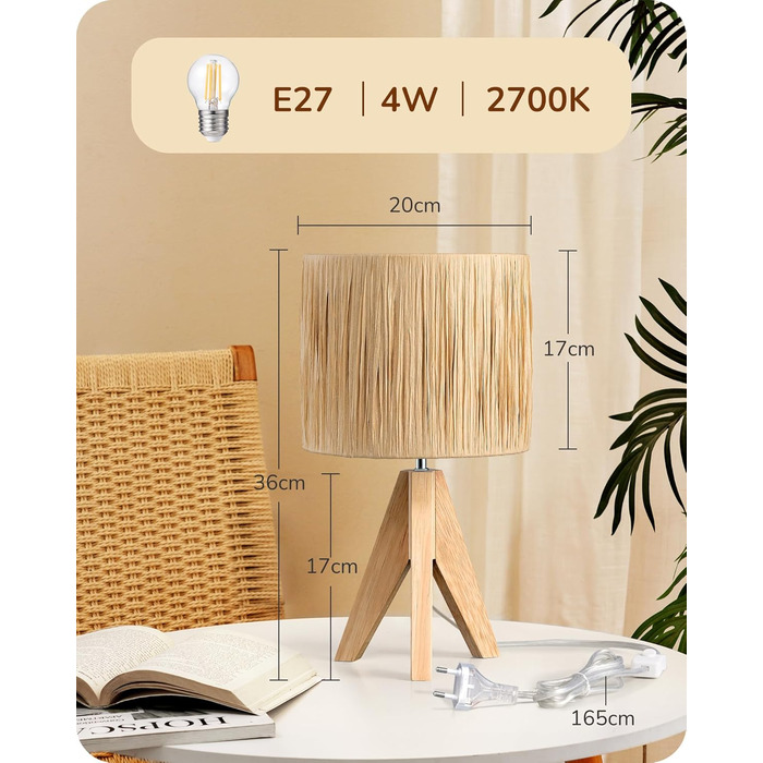 EDISHINE Настільна лампа з ручним плетінням, тепле світло 2700K, дерев'яний штатив, Boho стиль, для спальні, вітальні, готелю, з LED лампою E27 4W, абажур з ротангового паперу