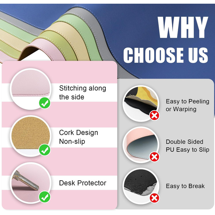 Шкіряний килимок для столу BLESWIN, великий протиковзаючий підкладник під мишу та клавіатуру для ноутбука та комп'ютера, захисна підкладка для письма (Рожевий, 90x43 см)
