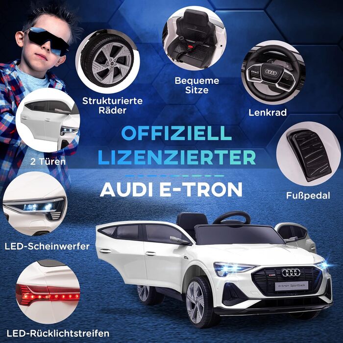 Електромобіль для дітей Audi E-tron HOMCOM 12V з пультом, ременем безпеки, музикою MP3/USB/TF, для дітей 3-5 років, білий