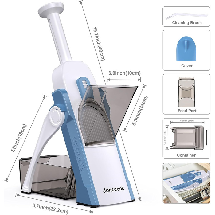 Набір для нарізання овочів 5-в-1: регульована товщина 0,1–8 мм, для кухні, з очищувачем, темно-синій