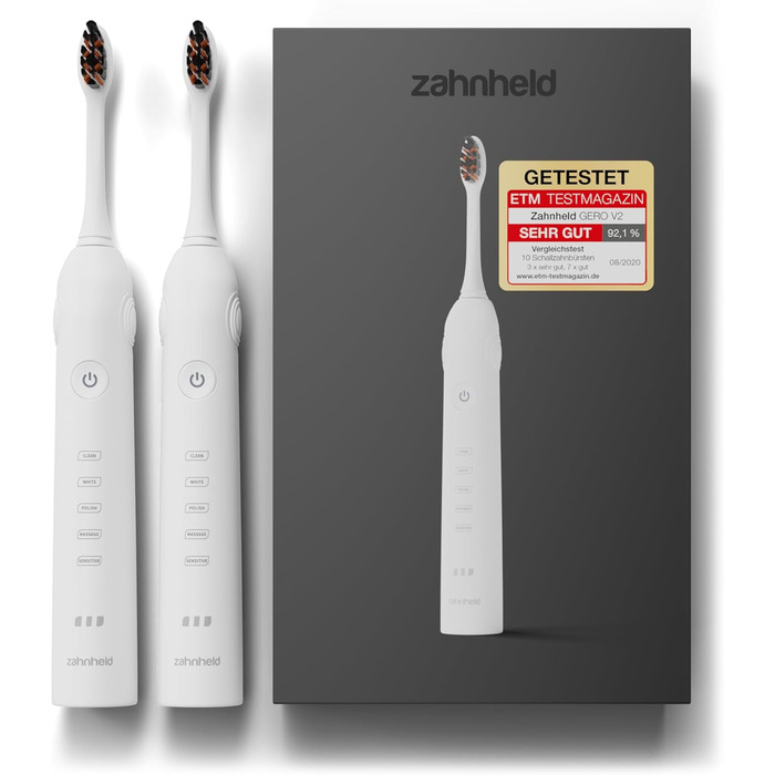 Електрична звукова зубна щітка Zahnheld® Gero G2 з чохлом для подорожей та насадкою | 5 режимів чищення, тривалий час роботи | Білий