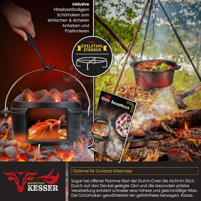 Набір голландських казанів KESSER® BBQ: голландський казан, посуд для приготування на грилі, котел для гуляшу, чавунний посуд з кришкою та термометром (4.2 л)