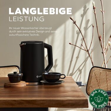 Електричний чайник BALTER з регулюванням температури, 1.5L, 2200W, білий/чорний, нержавіюча сталь, подвійні стінки, BPA free, бездротовий