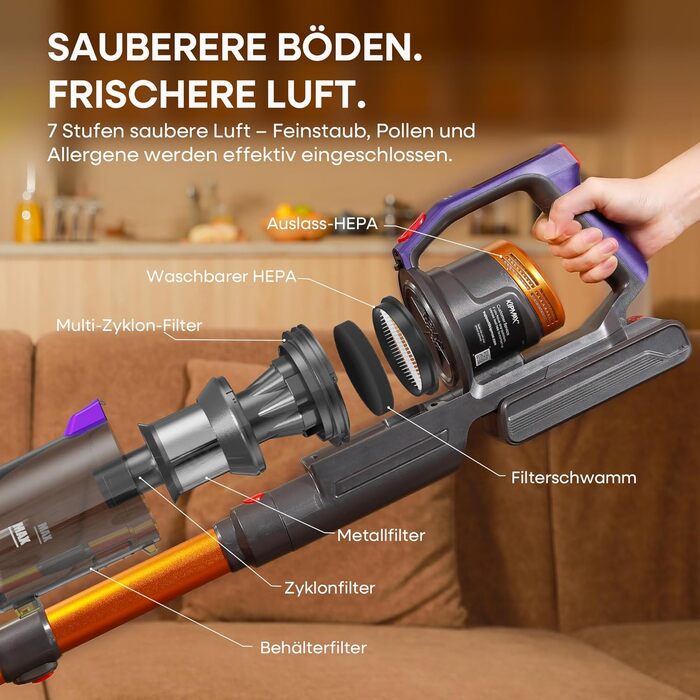 Акумуляторний пилосос KIPMAX 50000Pa, 550W, 70хв, 1.5л, з дисплеєм, анти-заплутальна щітка, 7-шаровий фільтр, 2 аромапластини, для килимів, шерсті тварин, твердих підлог, фіолетово-золотий