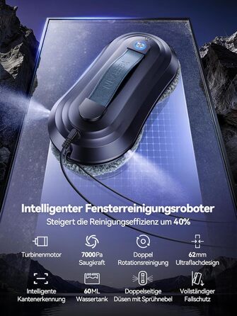 Робот для миття вікон Yeerain з функцією розпилення, потужність всмоктування 7000Pa, тиха робота, 3 режими очищення, інтелектуальна навігація, розпізнавання країв, в комплекті 10 мікрофібрових серветок сірого кольору 'Зоряне небо'