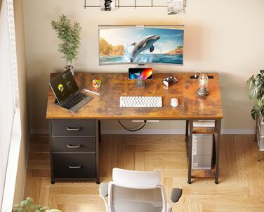 Комп'ютерний стіл Coleshome з ящиками з тканини, 130x48 см, з 2 розетками та 2 USB-портами, з полицею, для офісу/вітальні, коричневий, 130x48x75.7 см