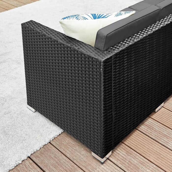 Садовий набір меблів SONGMICS з ротангу для балкона та тераси: кутовий диван, комплект з подушками та скляним столом (чорний + сірий)