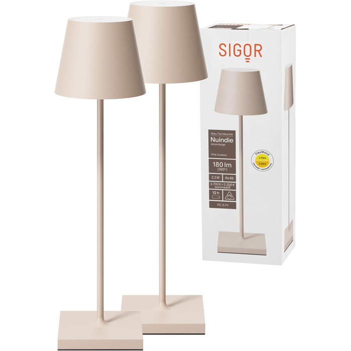LED-лампа SIGOR Nuindie 2.0: диммер, акумулятор, IP54, 38 см, USB-C, 12 год, пісочний колір