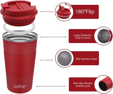 Чашка для кави SUNTQ to go Thermo з нержавіючої сталі-Термос з прогумованою манжетою з подвійною ізоляцією стінок-Кавова чашка з герметичною кришкою багаторазового використання 380 мл (380 мл-2021new, червоний)