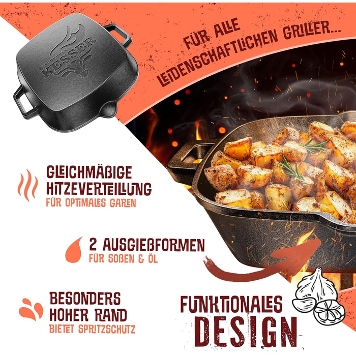 Сковорода-гриль KESSER® з чавуну для індукційних плит, 30 см | Сковорода з чавуну для приготування стейків | З захисними ручками, рецептами та очищувачем