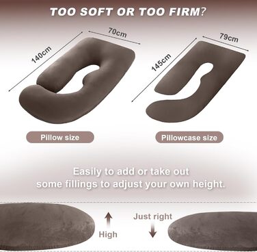 Вагітний подушка J-подібної форми, подушка для годування, подушка для підтримки тіла, подушка для вагітних знімний чохол, 140x70 см (Коричневий, Велюр)