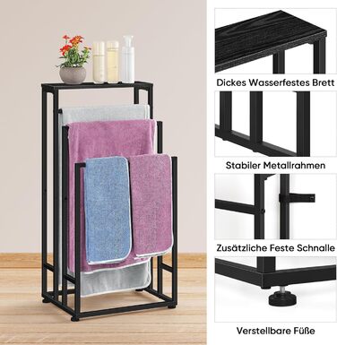 Підставка для рушників Smusei, чорна вінтажна, 3-ярусна, з полицею з дерева, 40x30x82 см