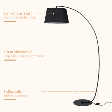 HOMCOM Arc Lamp Торшер Arc - Сучасний металевий дуговий світильник - Торшер металевий льон чорний