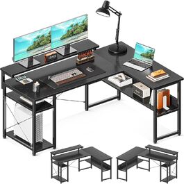 Кутовий стіл ODK, 137102 см, двосторонній, комп'ютерний стіл, полиці для зберігання, офісний стіл, регульована підставка для монітора, Г-подібний стіл, навчання, домашній офіс, чорний