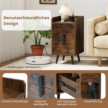Нічний столик COSTWAY з зарядкою, вузький, 2 шухляди, металеві ніжки, для спальні/вітальні, 40 x 32 x 60 см, рустикальний коричневий