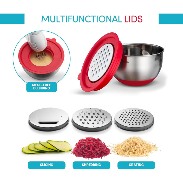 Набір місок для перемішування з кришками (5 шт.) - міски для зберігання продуктів з кришками та терткою - нержавіюча сталь, антиковзаюче покриття, для випічки та приготування їжі