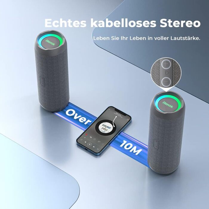Портативна Bluetooth колонка RIENOK з підсвіткою, IPX7, 3600 mAh, баси, стерео звук (Сірий)