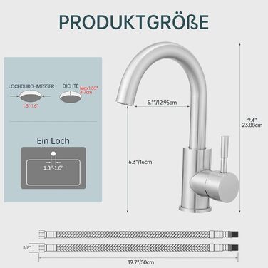 Змішувач для ванної кімнати Fransiton Bad Hoch, водозберігаючий настінний змішувач для раковини (нержавіюча сталь)
