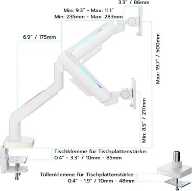 Кріплення для монітора ARES WING Ergonomic RGB, 17-49 дюймів, регульоване по висоті, поворотне, нахильне, RGB LED (білий)