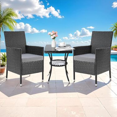 Набір меблів для балкона LIFERUN 3 шт. з ротангу, подушками та склом, чорний