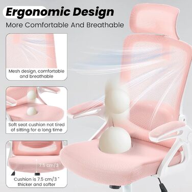 Ергономічне крісло для офісу Fizzin, комп'ютерне крісло з регульованою поперековою підтримкою, дихаюча сітчаста спинка, посилене сидіння, зручне крісло для дому та офісу (рожеве)