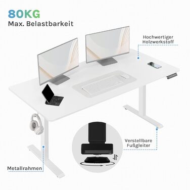 Електричний столик WOLTU з регулюванням висоти, білий - комп'ютерний стіл з USB-зарядкою та функцією пам'яті, 160x75 см. Ідеально для home office та офісу.