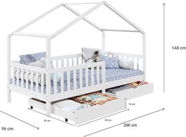 Ліжко IDIMEX ELEA з масиву сосни, дитяче ліжечко із захистом від падіння 90х200см, ігрове ліжко з дахом білого кольору