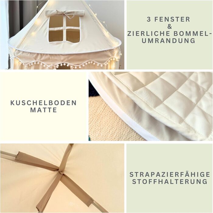 Намет для дітей Tipi з м'якого бавовняного полотна Silky-Cotton | Бежевий, 1 вхід, 3 вікна, Tasche & Bodenmatte | Стабільний намет-іграшка для хлопчиків та дівчаток