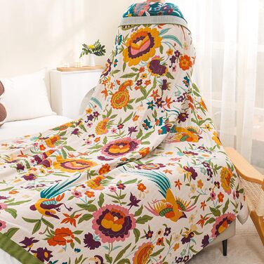 Плед Boho з 100% бавовни, стиль кантрі, 150x200 см, гранатовий колір. Плед на диван та ліжко з квітковим візерунком (квіти, птахи)