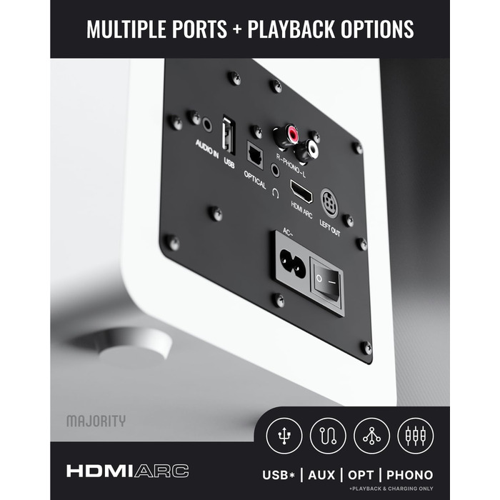 Активні Bluetooth-колонки Majority D100X 100W, вуглецеві драйвери, HDMI ARC, RCA, Optical, Phono, AUX, білі