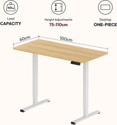 Регульований стіл Sanodesk 110x60 см з суцільною стільницею – компактний стоячий стіл для маленьких приміщень, ергономічний та стильний, білий (100 x 60 см, горіх)