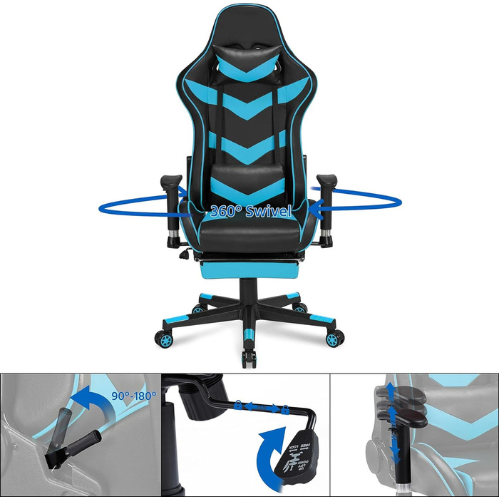 Ігрове крісло Yaheetech Racing Chair, Комп'ютерне крісло для ПК Поперекова підтримка, Офісне крісло з підставкою для ніг, Стілець Регульований підголівник Чорний/Неоновий синій