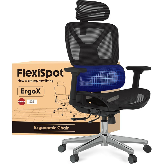 Офісний стіл ErgoX FLEXISPOT: ергономічний крісло з 3D підлокітниками, 3D-підголівником, 5D спинкою, дихаючим сидінням, до 130 кг (Чорний, Lite)