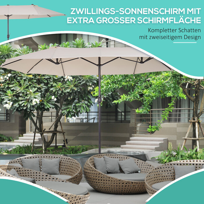 Outsunny Parasol Garden Parasol Market Parasol Double Parasol Патіо Парасолька з ручною рукояткою Бежева Овал 455 x 270 x 240 см