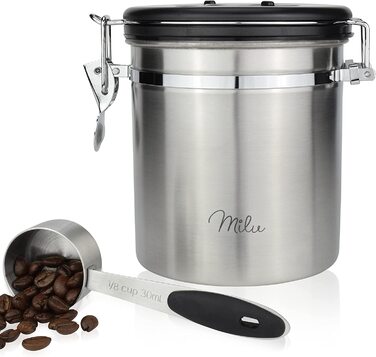 Кавова банка Milu герметична / 500 г, 700 г / контейнер для кавових зерен з нержавіючої сталі Вакуумна кавова коробка з кавовою ложкою (500 г) (нержавіюча сталь, 500 г)