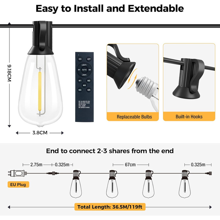 Світлодіодні струнні ліхтарі Libtit 36M з можливістю затемнення з дистанційним керуванням, 53 лампочки ST38, 4 режими, водонепроникний, на відкритому повітрі